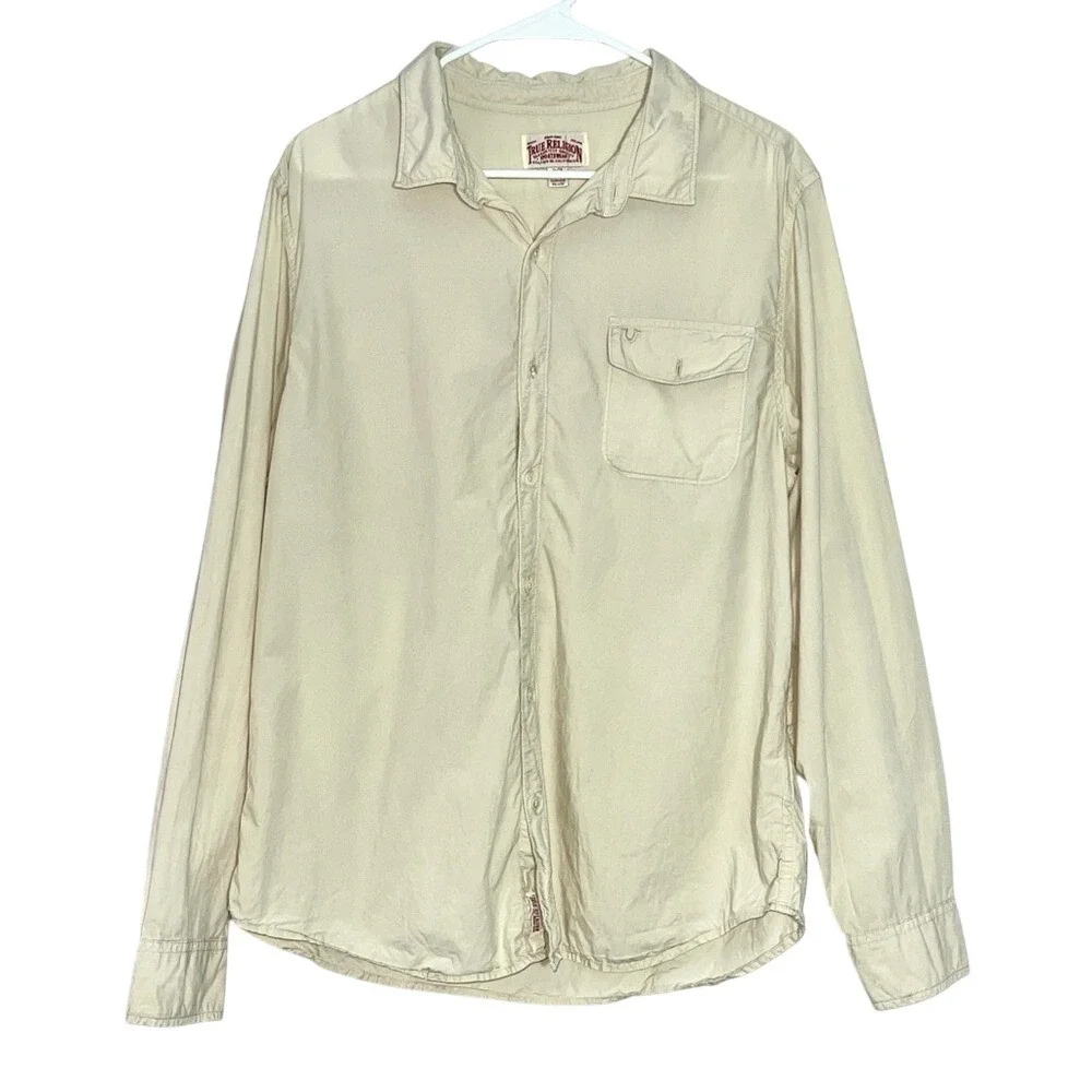 Vintage Man's rugged‎ True Religion cotton Button down shirt Beige XL